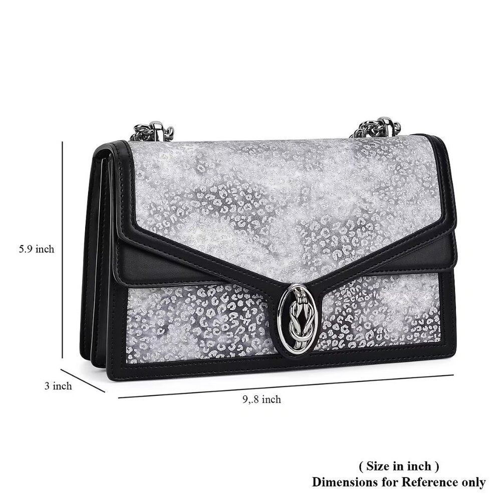 Grand Pelle Black w/ White Leopard Leather Crossbody Bag w/ Shoulder Chain